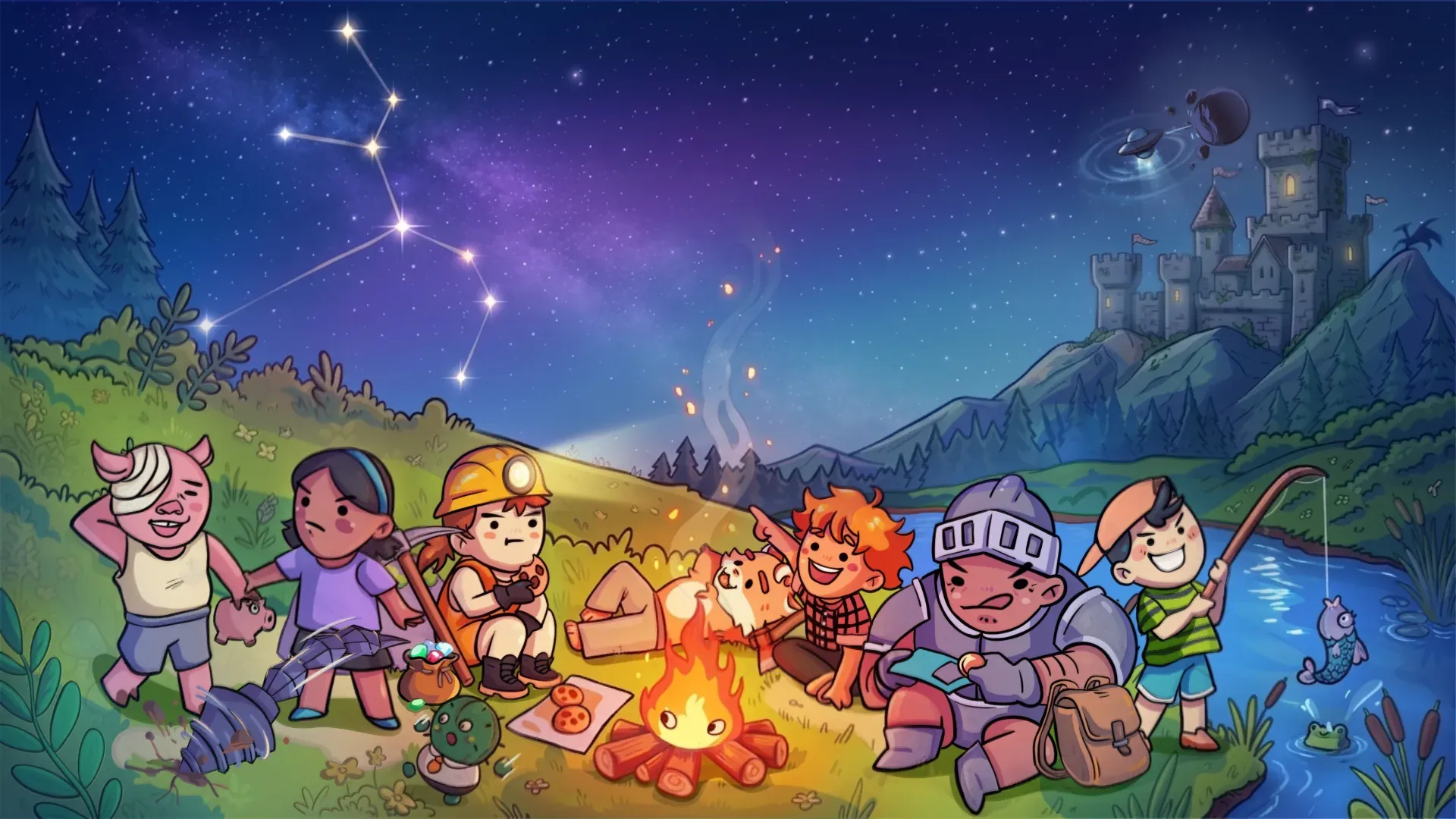 Six adventurers and a pig sit around a campfire under a starry sky, a castle and a planet in the distance